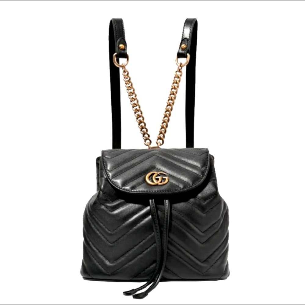 GUCCI GG Marmont Golden Logo Matelassé Black Leather Strap Backpack Handbag NEW